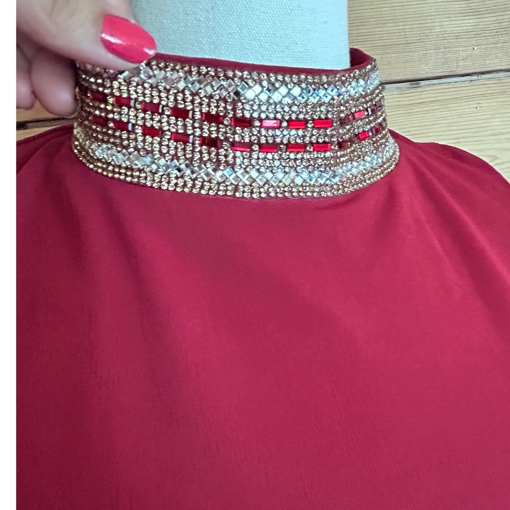 Bebe‎ Rhinestone Neck Dress Womens Small Rhubarb Red Asymmetrical Hem Mini Y2K - Picture 4 of 10
